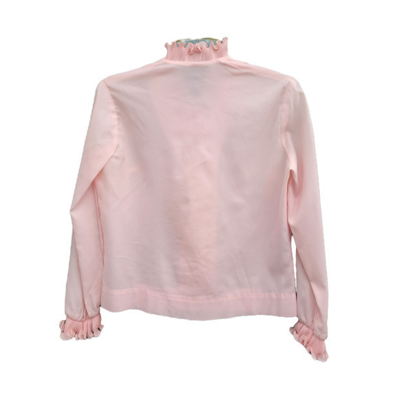 HP Vintage Crepe Button Up Ruffled Mandarin Neckline, Cuffs Long Sleeve Blouse - Picture 3 of 6